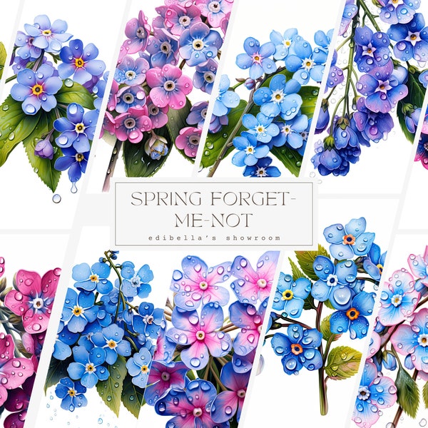 Spring Forget-Me-Not | Set of 12 | Clipart Bundle | 300 DPI JPEGs | 300 DPI Transparent PNGs | Digital Download | Free Commercial Use