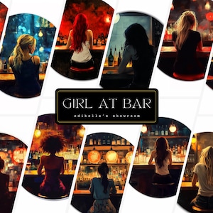 Meisje aan de bar | Set van 12 | Clipartbundel | 300 dpi jpg's | 300 dpi transparante png's | Digitale download | Gratis commercieel gebruik | Kunst in kroegen