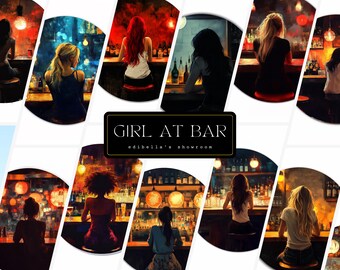 Fille au bar | Lot de 12 | Lot de cliparts | 300 ppp JPG | PNG transparents 300 DPI | Téléchargement numérique | Utilisation commerciale gratuite | Pub, taverne, art