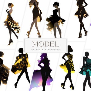 Model | Set van 12 | Clipartbundel | 300 dpi jpg's | 300 dpi transparante png's | Digitale download | Gratis commercieel gebruik | Modelsilhouet