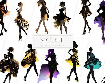 Model | Set of 12 | Clipart Bundle | 300 DPI JPGs | 300 DPI Transparent PNGs | Digital Download | Free Commercial Use | Model Silhouette