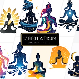 Meditatie | Set van 12 | Clipartbundel | 300 dpi jpg's | 300 dpi transparante png's | Digitale download | Gratis commercieel gebruik | Mediteren meisje