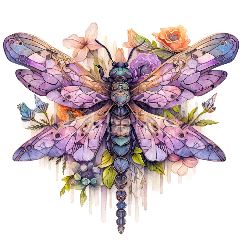 Puede incluir: Una pintura de acuarela de una lib&eacute;lula p&uacute;rpura y azul con detalles intrincados. La lib&eacute;lula est&aacute; rodeada de flores de acuarela en tonos de rosa, naranja y morado. El fondo es un lavado blanco con gotas de pintura de acuarela.