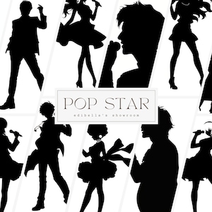 ポップスターのシルエット | 12 個セット | クリップアート バンドル | 300 DPI JPG | 300 DPI 透明 PNG | デジタル ダウンロード | 商用利用無料 | 影
