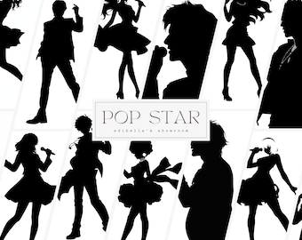 Pop Star Silhouette | Set of 12 | Clipart Bundle | 300 DPI JPGs | 300 DPI Transparent PNGs | Digital Download | Free Commercial Use | Shadow