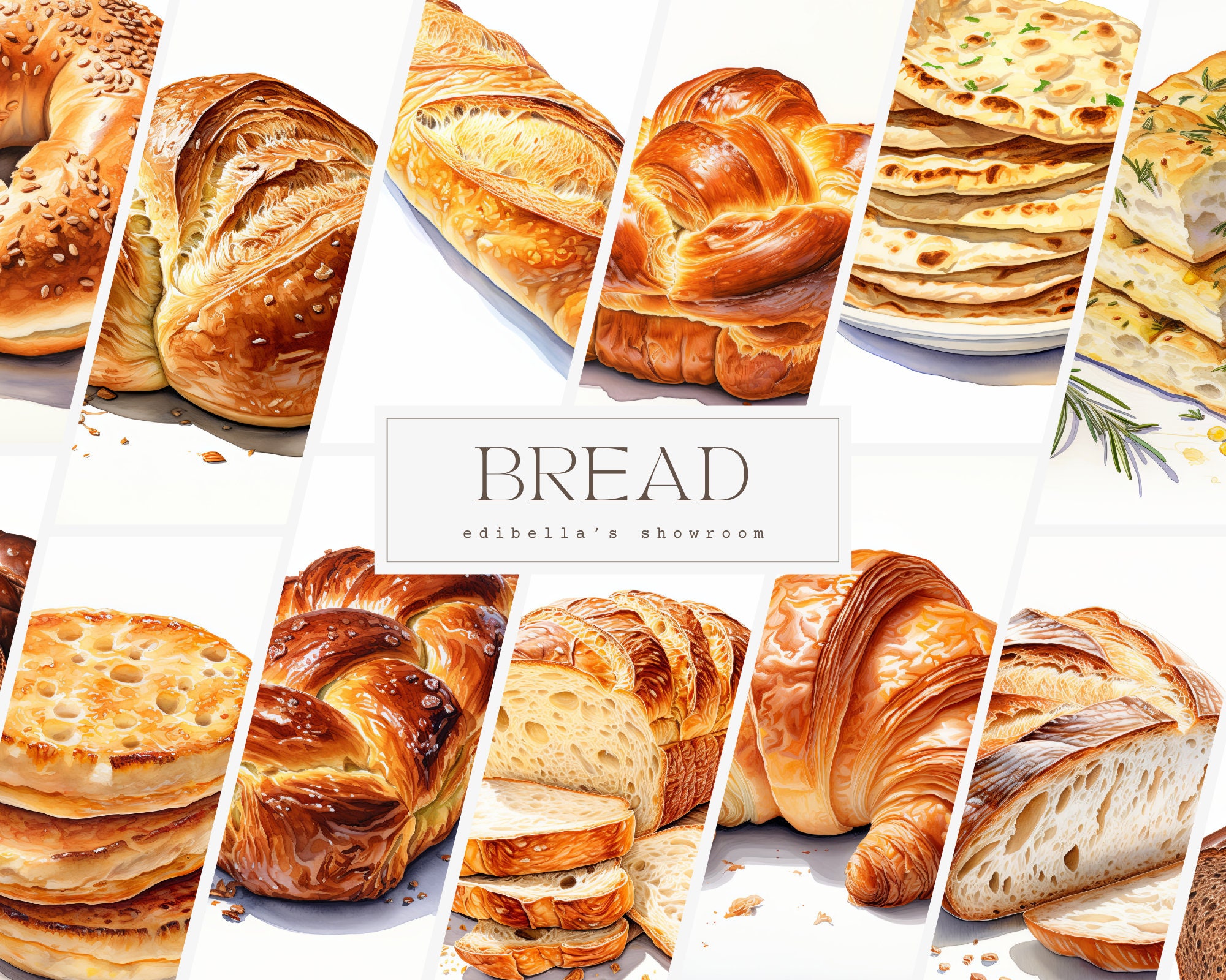 Bread | Set of 12 | Clipart Bundle | 300 DPI JPEGs | 300 DPI Transparent PNGs | Digital Download | Free Commercial Use | Digital Food Art