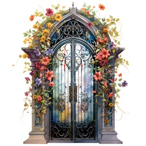 May include: A wrought iron gate with intricate details is framed by a lush floral archway. The gate is adorned with stained glass panels, creating a colorful and whimsical scene. The flowers are a mix of red, pink, yellow, and purple, adding a vibrant touch to the image.