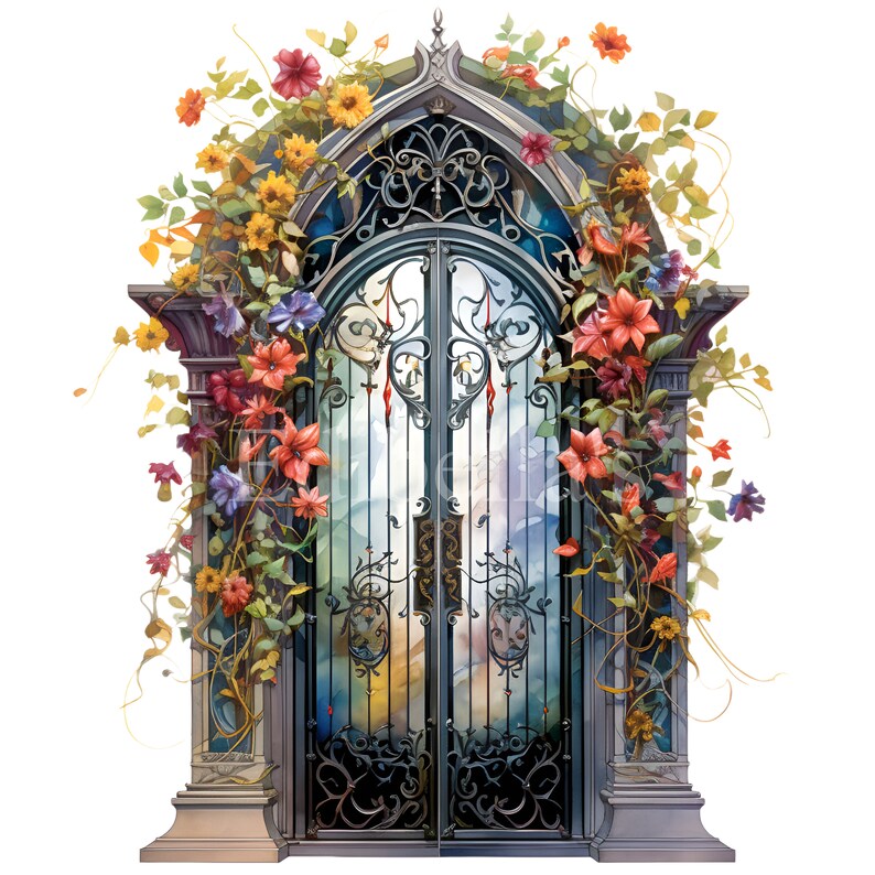 May include: A wrought iron gate with intricate details is framed by a lush floral archway. The gate is adorned with stained glass panels, creating a colorful and whimsical scene. The flowers are a mix of red, pink, yellow, and purple, adding a vibrant touch to the image.