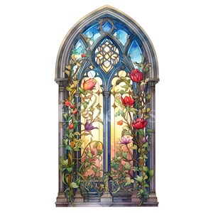 May include: A stained glass window with a gothic arch design. The window is filled with colorful flowers and vines. The background is a sunset.