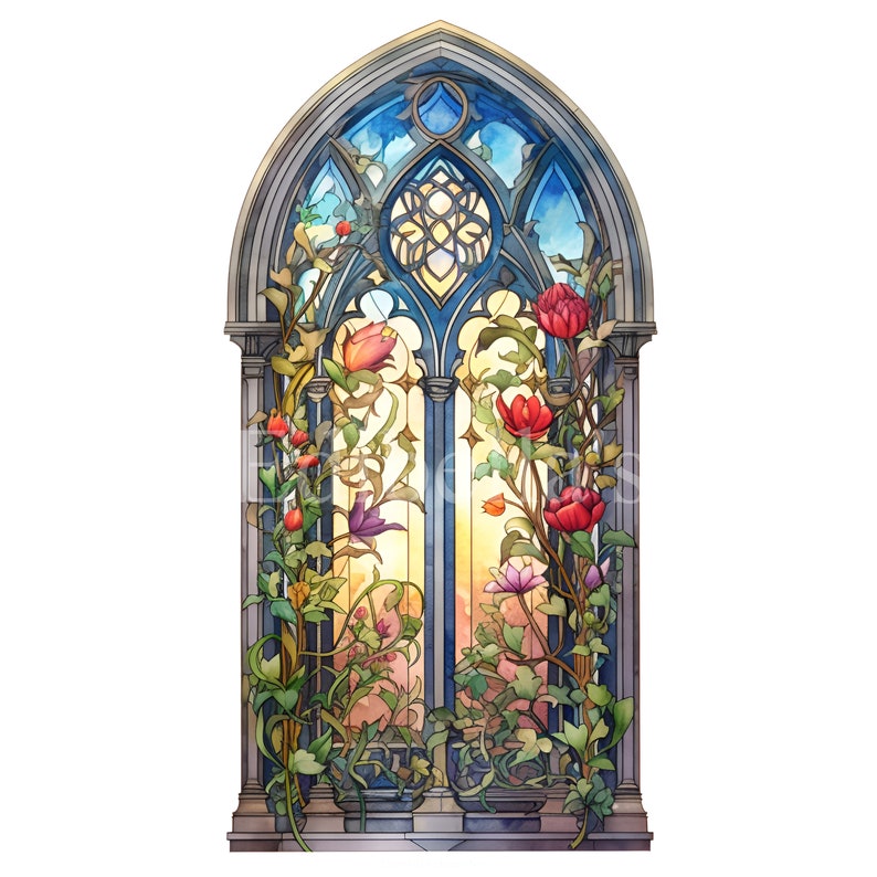 May include: A stained glass window with a gothic arch design. The window is filled with colorful flowers and vines. The background is a sunset.