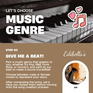 Op de afbeelding: Een bruine achtergrond met de tekst "Let's Choose Music Genre" in wit. Onder de tekst is een zwart-wit afbeelding van een pianoklavier. De tekst "Step 02 Give Me A Beat!" is in wit op een bruine achtergrond. Onder de tekst is een beschrijving van hoe je een muziekgenre en zang voor een lied kiest. De tekst "Edibella's" is in wit op een bruine achtergrond. Een cirkel met een tekening van een persoon die aan een bureau zit, bevindt zich in de rechterbenedenhoek. De tekst "EDI" is in wit op een bruine achtergrond.