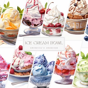 Può includere: Una collezione di coppette per gelato con vari gusti e condimenti, tra cui fragola, cioccolato, vaniglia e menta. Le coppette sono decorate con motivi floreali e sono esposte su uno sfondo bianco. Il testo "ICE CREAM BOWL" e "edibella's showroom" è visualizzato al centro dell'immagine.