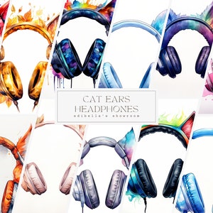 Puede incluir: Una colecci&oacute;n de ilustraciones de acuarela de auriculares con orejas de gato en varios colores, incluyendo azul, rosa, naranja y verde. El texto "CAT EARS HEADPHONES" y "edibella's showroom" se muestra en el centro de la imagen.