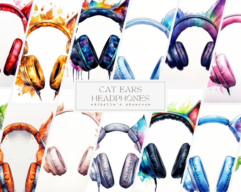 Puede incluir: Una colecci&oacute;n de ilustraciones de acuarela de auriculares con orejas de gato en varios colores, incluyendo azul, rosa, naranja y verde. El texto "CAT EARS HEADPHONES" y "edibella's showroom" se muestra en el centro de la imagen.