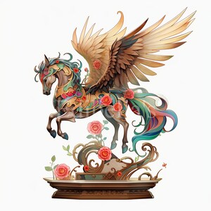 May include: A winged horse sculpture with a colorful floral design and a rainbow tail. The horse is standing on a decorative base with floral accents.