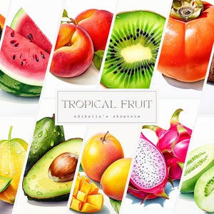 Fruta tropical, Conjunto de 12, Paquete de imágenes prediseñadas, JPEG de 300 ppp, PNG transparentes de 300 ppp, Descarga digital, Uso comercial gratuito, Arte gastronómico