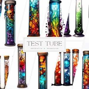 May include: A collection of colourful test tubes filled with various liquids and objects. The test tubes are labelled "TEST TUBE" and "edibella's showroom".