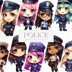 May include: A collection of 12 illustrated police officers in various poses. The officers are all female and have different hair colours, skin tones, and uniforms. The text "POLICE" and "edibella's showroom" is displayed at the bottom of the image.