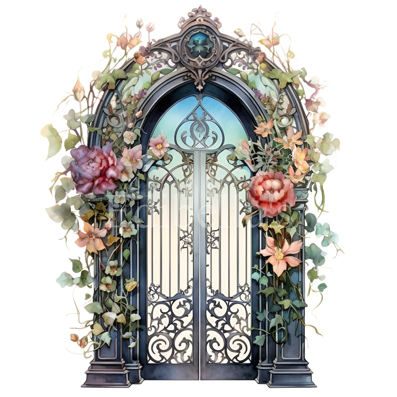 May include: A decorative wrought iron gate with intricate details, adorned with climbing vines and pink and peach flowers. The gate is set against a white background.
