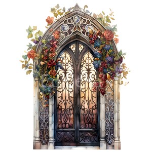 May include: A watercolor painting of a large, ornate, arched doorway with a double iron gate. The gate is decorated with intricate designs and the archway is adorned with a garland of colorful flowers.