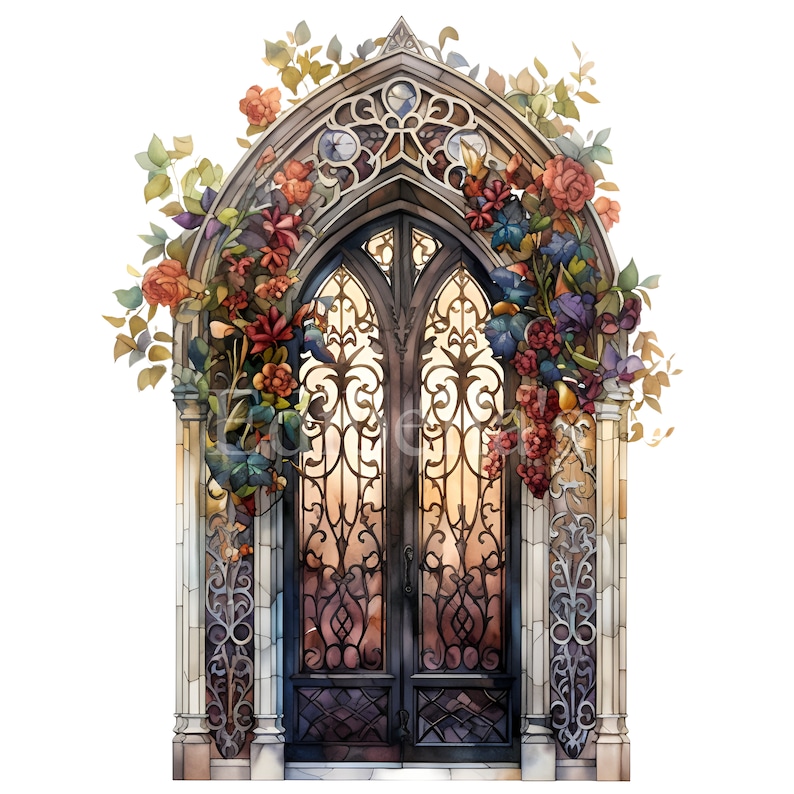 May include: A watercolor painting of a large, ornate, arched doorway with a double iron gate. The gate is decorated with intricate designs and the archway is adorned with a garland of colorful flowers.