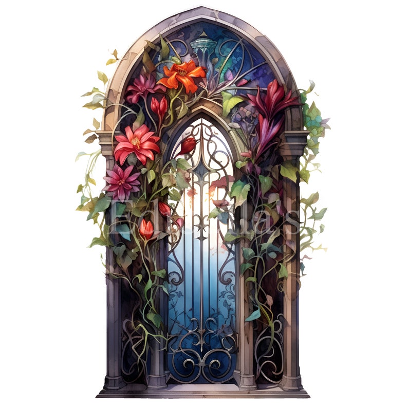 May include: A stone archway with a wrought iron gate, covered in vines and red flowers. The gate is open, revealing a view of a blue sky.