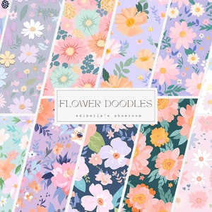 花の落書き | 12 個セット | シームレスなデジタル ペーパー バンドル | 300 DPI の高品質 JPEG | デジタル ダウンロード | 商用利用無料 | 印刷可能