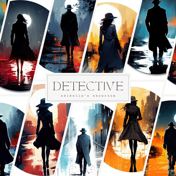 Detective | Set of 12 | Clipart Bundle | 300 DPI JPGs | 300 DPI Transparent PNGs | Digital Download | Free Commercial Use | Noir Digital Art