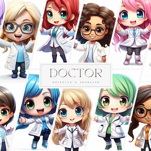 Médico, Conjunto de 12, Paquete de imágenes prediseñadas, JPEG de 300 ppp, PNG transparentes de 300 ppp, Descarga digital, Uso comercial gratuito, Científico de bata de laboratorio