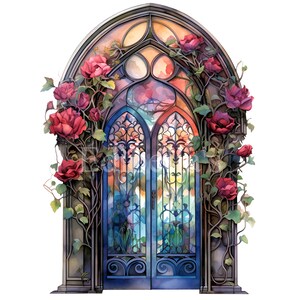 May include: A pair of ornate, blue double doors with stained glass panels framed by a stone archway. The archway is covered in a vine of red roses.