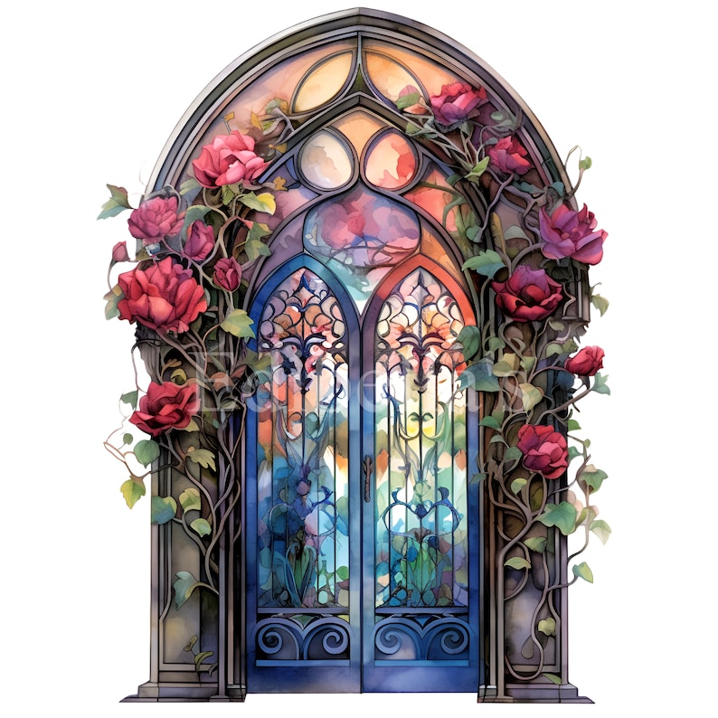 May include: A pair of ornate, blue double doors with stained glass panels framed by a stone archway. The archway is covered in a vine of red roses.