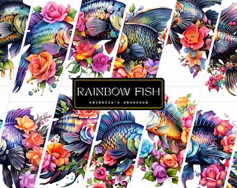 Rainbow Fish | Set of 12 | Clipart Bundle | 300 DPI JPGs | 300 DPI Transparent PNGs | Digital Download | Free Commercial Use | Floral Fish