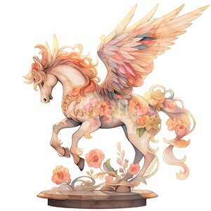 May include: A white winged horse with a flowing mane and tail, decorated with pink and yellow flowers, stands on a wooden base.