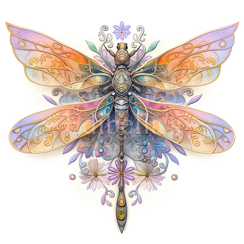 Puede incluir: Una lib&eacute;lula colorida e intrincada con alas detalladas y un cuerpo met&aacute;lico. La lib&eacute;lula est&aacute; rodeada de delicados dise&ntilde;os florales en tonos de morado, azul y verde.