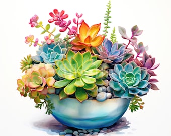 Succulent Bowl | Set of 10 | Clipart Bundle | 300 DPI JPEGs and Transparent PNGs | Digital Download | Free Commercial Use | Flower Art