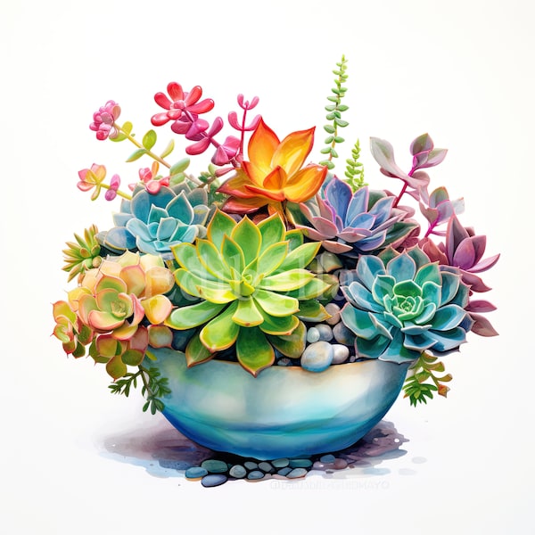 Succulent Bowl | Set of 10 | Clipart Bundle | 300 DPI JPEGs and Transparent PNGs | Digital Download | Free Commercial Use | Flower Art