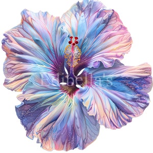 Puede incluir: Una flor de hibisco vibrante de color azul, morado y rosa con una apariencia texturizada detallada. La flor está completamente abierta, revelando el centro con sus estambres amarillos y morados.