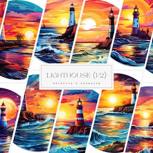 May include: A collage of ten digital paintings featuring lighthouses on a rocky coast at sunset. The lighthouses are all different colors and styles, and the sunsets are all vibrant and colorful. The text "LIGHTHOUSE (1/2)" and "edibella's showroom" is at the bottom of the collage.