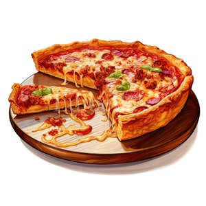 Puede incluir: Una pizza de plato hondo con pepperoni, salchicha, queso y albahaca en una tabla de madera. La pizza está cortada en rebanadas y una rebanada está parcialmente retirada.