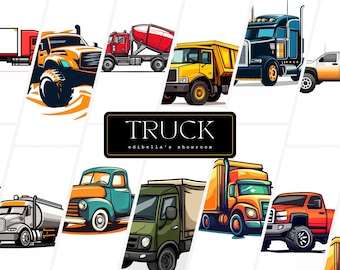 Truck | Set of 12 | Clipart Bundle | 300 DPI JPGs | 300 DPI Transparent PNGs | Digital Download | Free Commercial Use | Cartoon Truck Logo