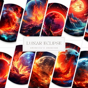 May include: A collection of digital art depicting a fiery red and orange lunar eclipse with a blue and green planet in the background. The text "LUNAR ECLIPSE" and "edibella's showroom" is displayed below the images.