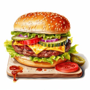 Hamburger | Set van 10 | Clipart-bundel | 300 DPI JPEG's van hoge kwaliteit | 300 DPI transparante PNG's | Digitaal downloaden | Gratis commercieel gebruik