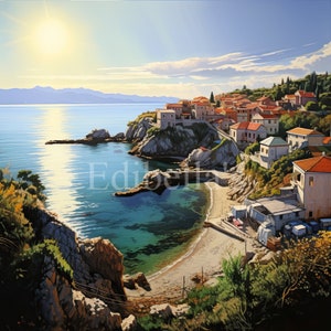 May include: A painting depicting a quaint coastal village perched on a rocky hillside overlooking a turquoise bay. The sun shines brightly in the sky, casting a warm glow over the scene. The village is made up of white and terracotta-coloured buildings with red tile roofs. Lush green vegetation covers the hillside and the surrounding area.