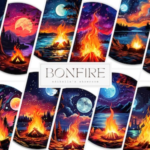Könnte beinhalten: Eine Sammlung digitaler Illustrationen mit Lagerfeuern in verschiedenen malerischen Landschaften. Die Illustrationen zeigen Lagerfeuer mit Flammen, Holzscheiten und Funken vor dem Hintergrund von sternenklaren Nächten, Wäldern und Seen. Der Text "BONFIRE" und "edibella's showroom" wird in der Mitte des Bildes angezeigt.