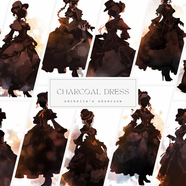 Charcoal Dress | Set of 12 | Watercolor Bundle | 300 DPI JPEGs | 4096 x 4096 Pix | 13.65 x 13.65 In | Digital Download | Free Commercial Use