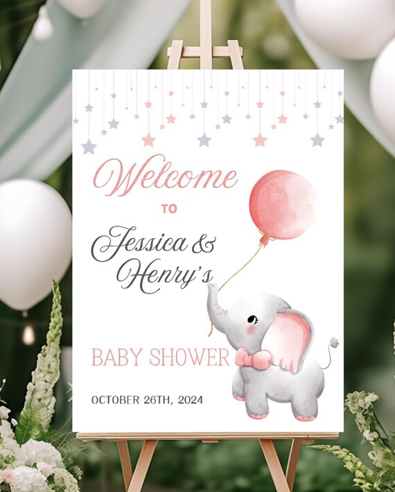 Welcome Baby Shower Sign Girl-pink, Elephant and Stars Baby Shower
