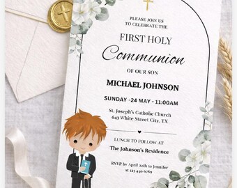 May include: A First Holy Communion invitation with floral accents and a cartoon illustration of a boy. The invitation includes the text "First Holy Communion" and details for Michael Johnson's celebration.