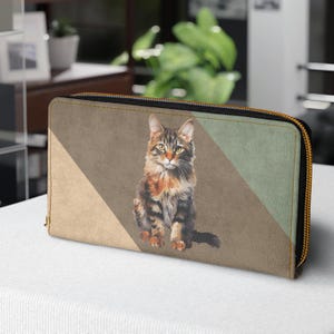 Zipper Wallet, Watercolor Tortoiseshell Cat Tri Color Ladies Wallet, Beige Turquoise Pink, Card Holder, Coin Purse, Clutch, Gift Idea