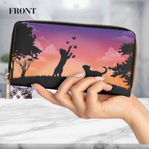 Cartera con diseño de gato al atardecer / Cartera con cremallera larga / Regalo para mamá gata / Cartera de cuero vegano / Cartera CatLady / Organizador de carteras / Monedero