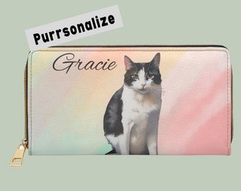 Personalized Cat Zipper Wallet, Customized Pet Wallet, Faux Leather, Cute Cat Lover Gift, Stylish Wallet for Her, Unique Animal Accessory